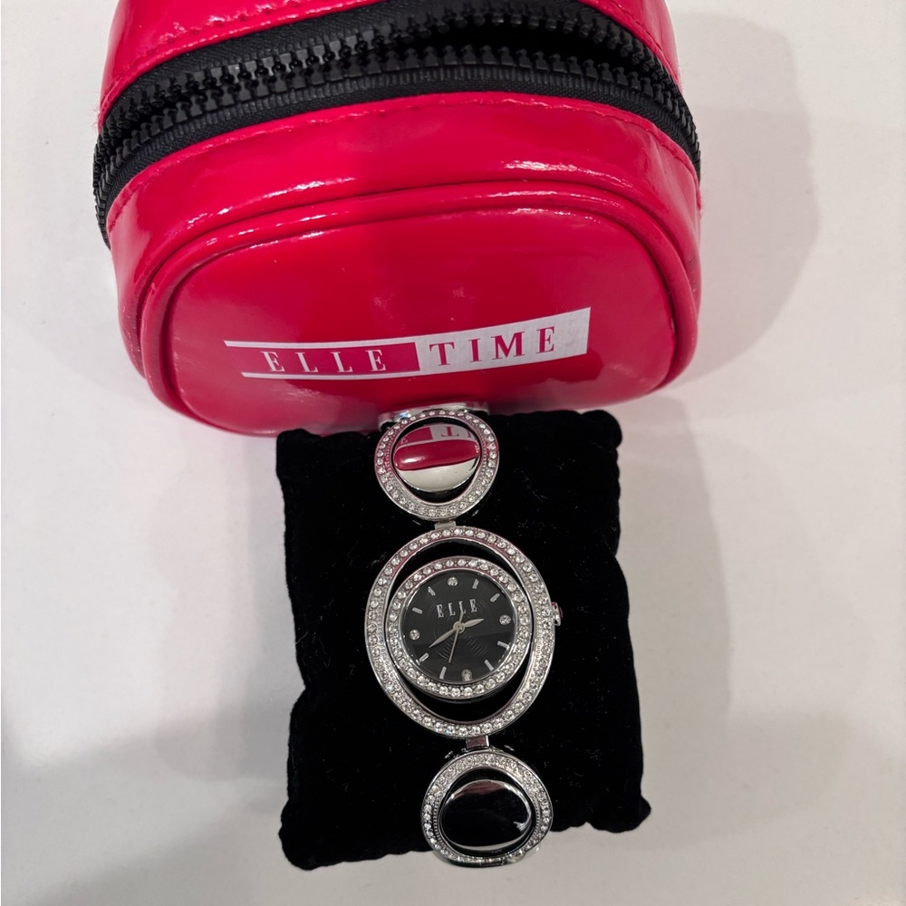 ELLE Time Rhinestone Bracelet Watch Silver Black Dial NWT Gift Box